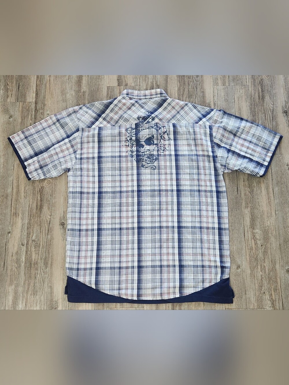 Y2K Paco Jeans plaid short sleeve faux 2 piece shirt with Skull design size 2XL